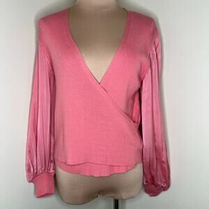 Ryegrass Top Medium Womens Pink Pleated Balloon Sleeve Rib Knit Faux Wrap V-Neck